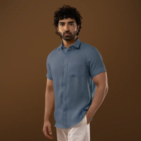 Steel_Blue_Linen_Regular_Fit_Half_Sleeve_Shirt_For_Men