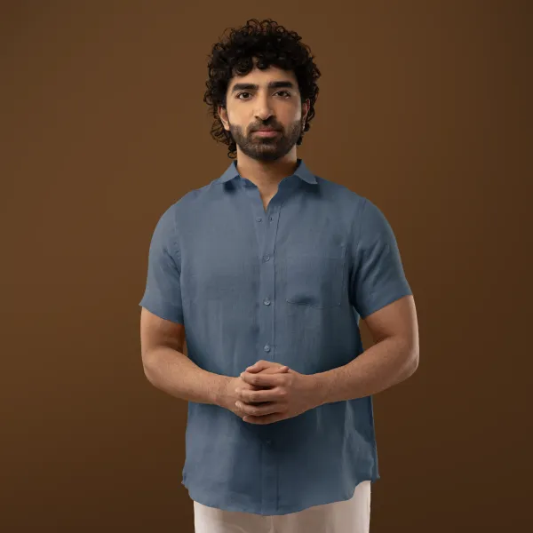 Steel_Blue_Linen_Regular_Fit_Half_Sleeve_Shirt_For_Men