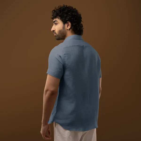 Steel_Blue_Linen_Regular_Fit_Half_Sleeve_Shirt_For_Men