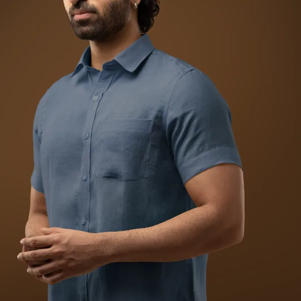 Steel_Blue_Linen_Regular_Fit_Half_Sleeve_Shirt_For_Men