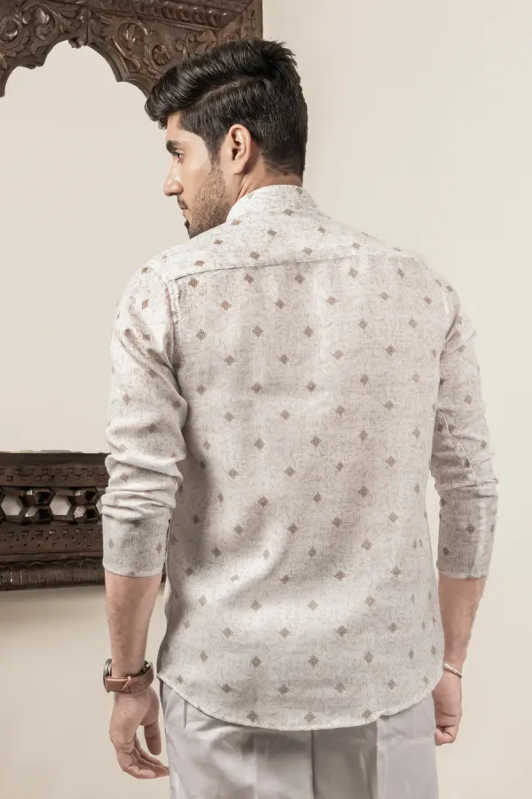 Brown_White_Cotton_Linen_Printed_Mandarin_Collar_Short_Kurta_For_Men