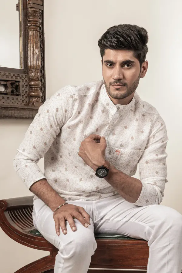 Brown_White_Cotton_Linen_Printed_Mandarin_Collar_Short_Kurta_For_Men