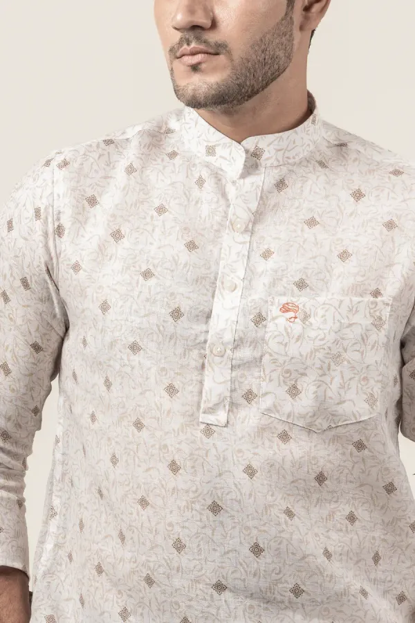 Brown_White_Cotton_Linen_Printed_Mandarin_Collar_Short_Kurta_For_Men
