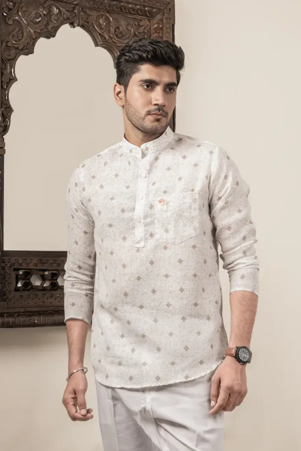 Brown_White_Cotton_Linen_Printed_Mandarin_Collar_Short_Kurta_For_Men