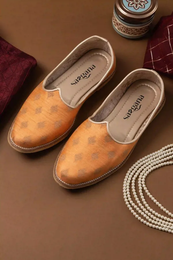 Orange_Leather_Butta_Print_Handcrafted_Jutti_For_Men