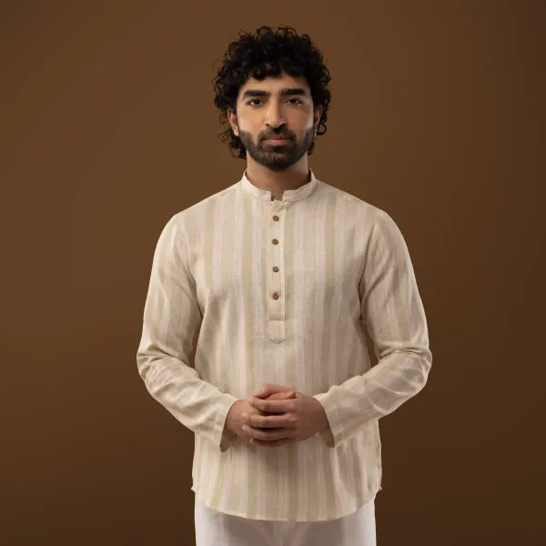 Ivory_Cotton_Linen_Striped_Mandarin_Collar_Short_Kurta_For_Men