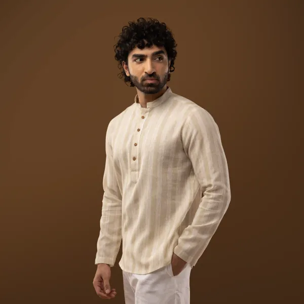 Ivory_Cotton_Linen_Striped_Mandarin_Collar_Short_Kurta_For_Men