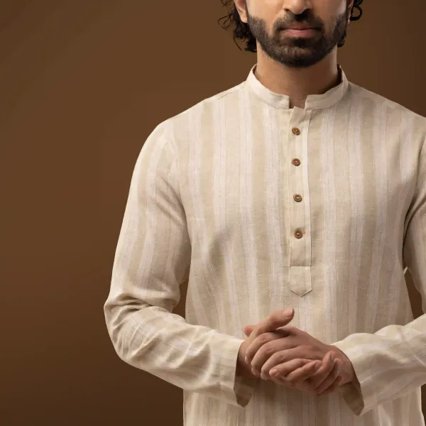 Ivory_Cotton_Linen_Striped_Mandarin_Collar_Short_Kurta_For_Men