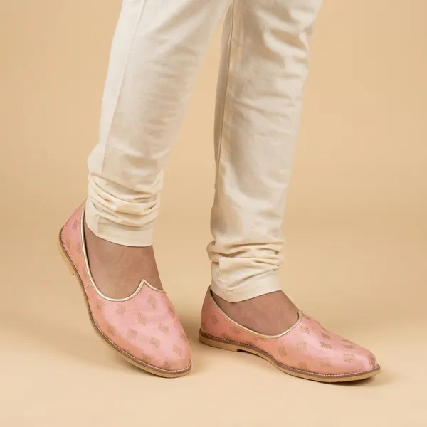 Pink_Leather_Handcrafted_Butta_Printed_Jutti_For_Men