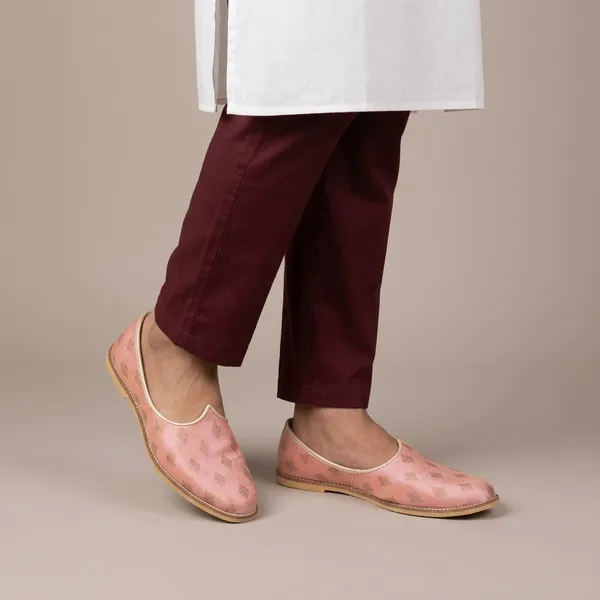 Pink_Leather_Handcrafted_Butta_Printed_Jutti_For_Men