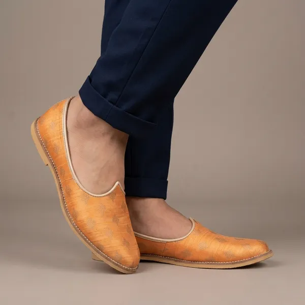 Orange_Leather_Butta_Print_Handcrafted_Jutti_For_Men