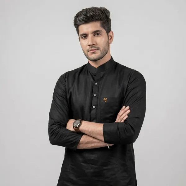 Black_Cotton_Linen_Mandarin_Collar_Short_Kurta_For_Men