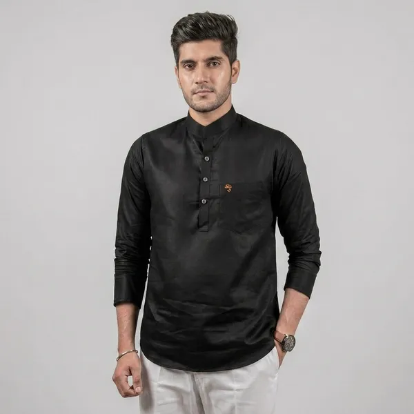 Black_Cotton_Linen_Mandarin_Collar_Short_Kurta_For_Men