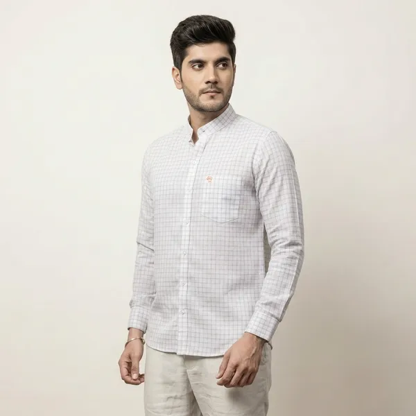 White_Cotton_Linen_Checked_Mandarin_Collar_Shirt_For_Men