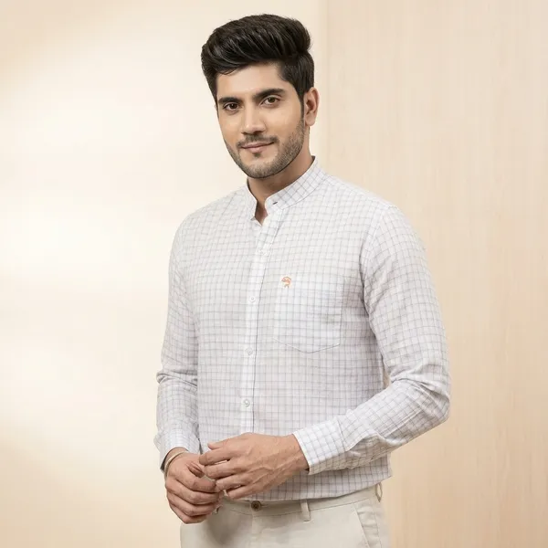 White_Cotton_Linen_Checked_Mandarin_Collar_Shirt_For_Men