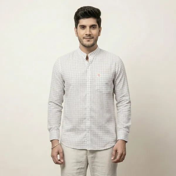 White_Cotton_Linen_Checked_Mandarin_Collar_Shirt_For_Men