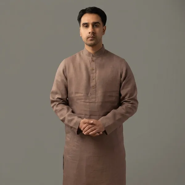 Mocha_Brown_Linen_Regular_Fit_Long_Kurta_For_Men