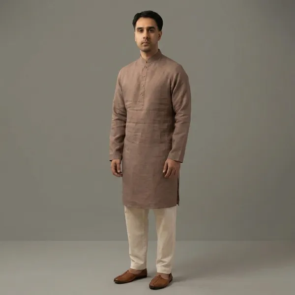 Mocha_Brown_Linen_Regular_Fit_Long_Kurta_For_Men