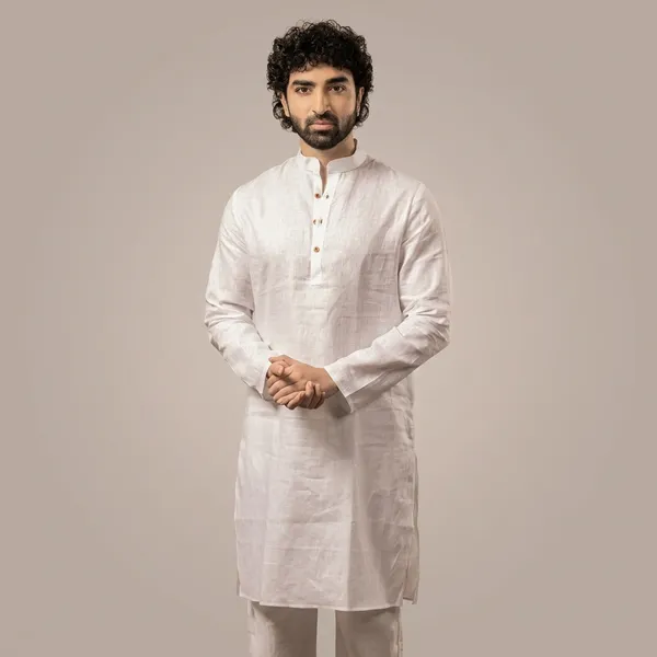 White_Linen_Regular_Fit_Mandarin_Collar_Long_Kurta_For_Men