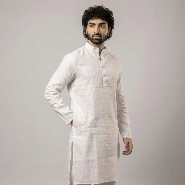 White_Linen_Regular_Fit_Mandarin_Collar_Long_Kurta_For_Men