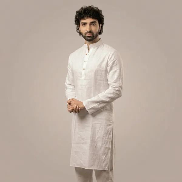 White_Linen_Regular_Fit_Mandarin_Collar_Long_Kurta_For_Men