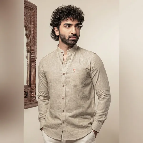 Natural_Linen_Mandarin_Collar_Regular_Fit_Shirt_For_Men