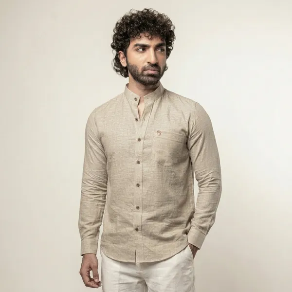 Natural_Linen_Mandarin_Collar_Regular_Fit_Shirt_For_Men