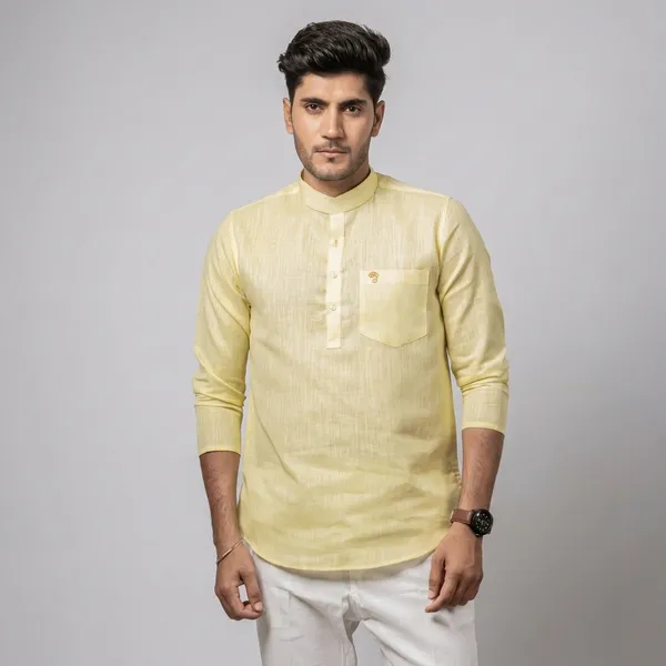 Lemon_Yellow_Cotton_Linen_Mandarin_Collar_Short_Kurta_For_Men