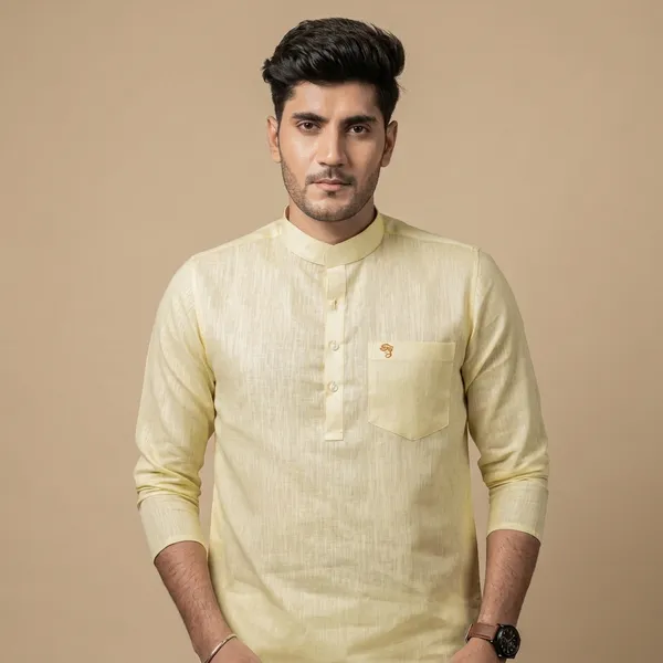 Lemon_Yellow_Cotton_Linen_Mandarin_Collar_Short_Kurta_For_Men
