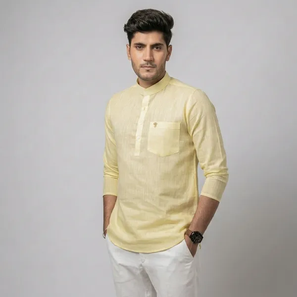 Lemon_Yellow_Cotton_Linen_Mandarin_Collar_Short_Kurta_For_Men