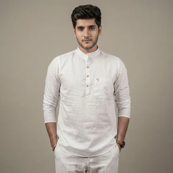 White_Cotton_Linen_Mandarin_Collar_Short_Kurta_For_Men