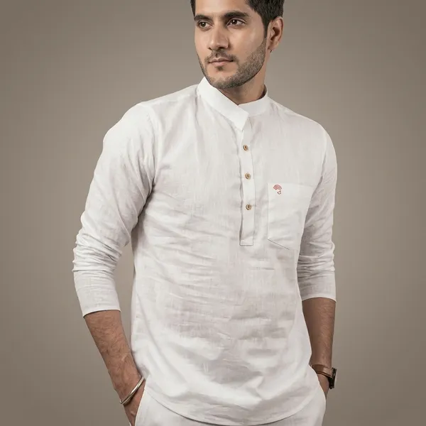 White_Cotton_Linen_Mandarin_Collar_Short_Kurta_For_Men