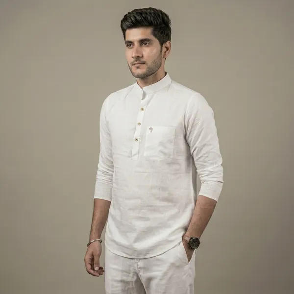White_Cotton_Linen_Mandarin_Collar_Short_Kurta_For_Men