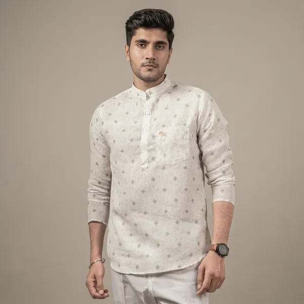 Brown_White_Cotton_Linen_Printed_Mandarin_Collar_Short_Kurta_For_Men
