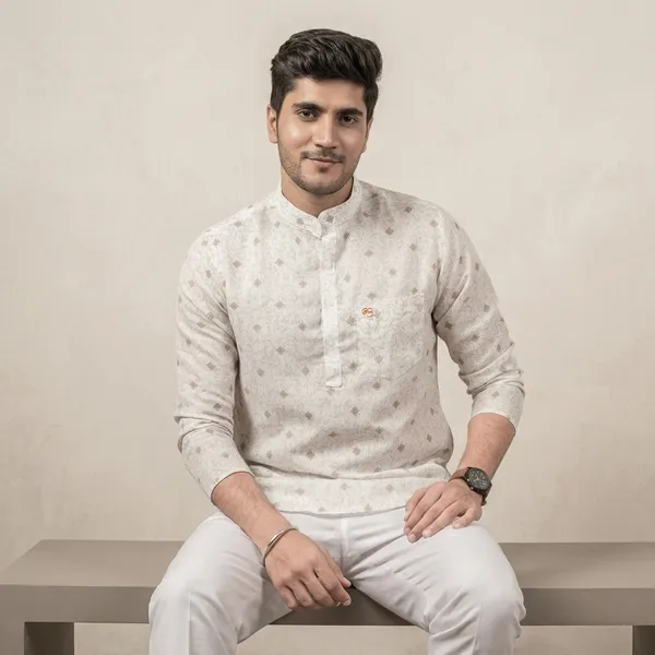 Brown_White_Cotton_Linen_Printed_Mandarin_Collar_Short_Kurta_For_Men