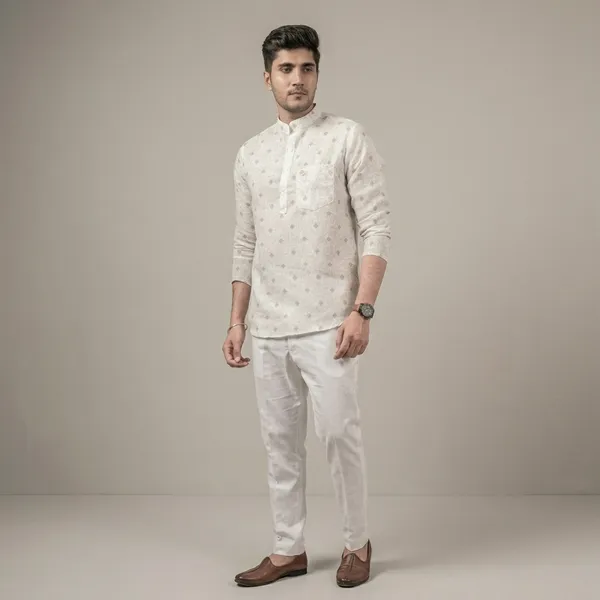 Brown_White_Cotton_Linen_Printed_Mandarin_Collar_Short_Kurta_For_Men