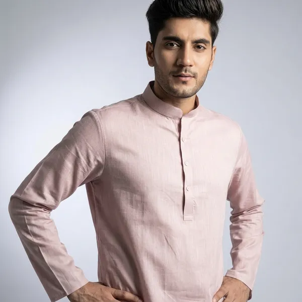 Dusty_Pink_Cotton_Linen_Mandarin_Collar_Long_Kurta_For_Men