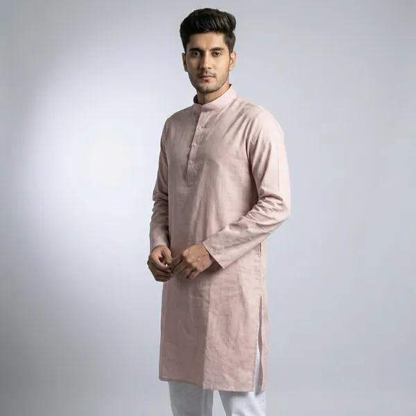 Dusty_Pink_Cotton_Linen_Mandarin_Collar_Long_Kurta_For_Men