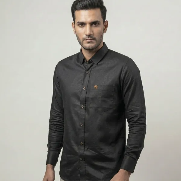 Black_Cotton_Linen_Plain_Regular_Fit_Shirt_For_Men