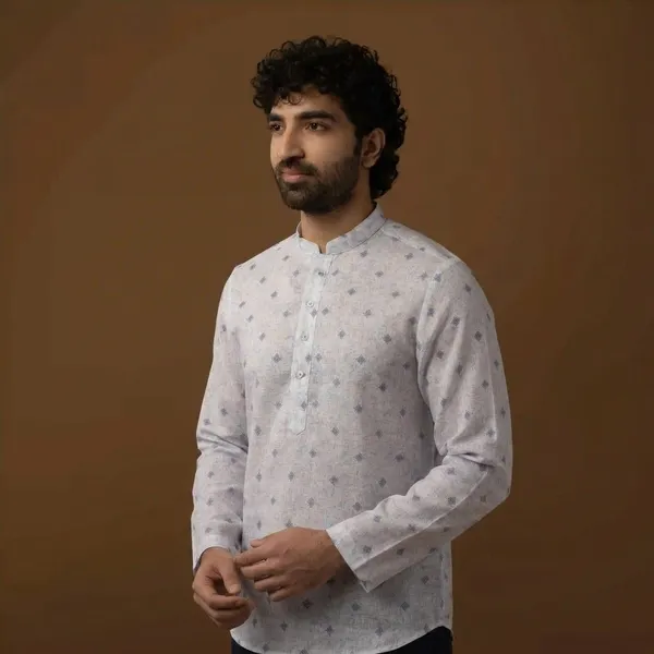 Blue_Cotton_Linen_Motif_Print_Mandarin_Collar_Short_Kurta_For_Men