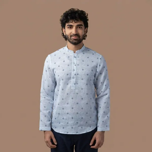 Blue_Cotton_Linen_Motif_Print_Mandarin_Collar_Short_Kurta_For_Men