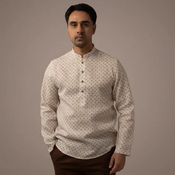 Ivory_Beige_Cotton_Linen_Mandarin_Collar_Regular_Fit_Short_Kurta_For_Men