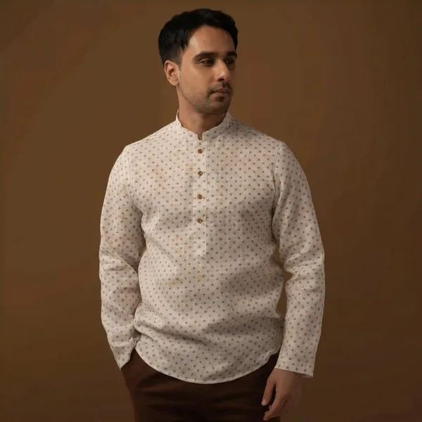Ivory_Beige_Cotton_Linen_Mandarin_Collar_Regular_Fit_Short_Kurta_For_Men