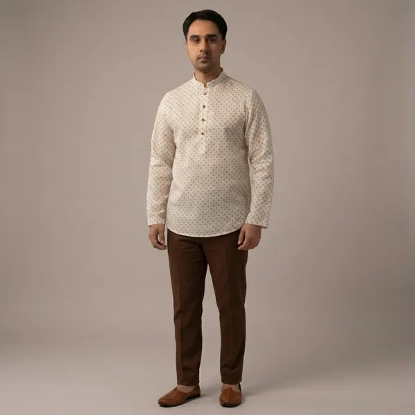 Ivory_Beige_Cotton_Linen_Mandarin_Collar_Regular_Fit_Short_Kurta_For_Men