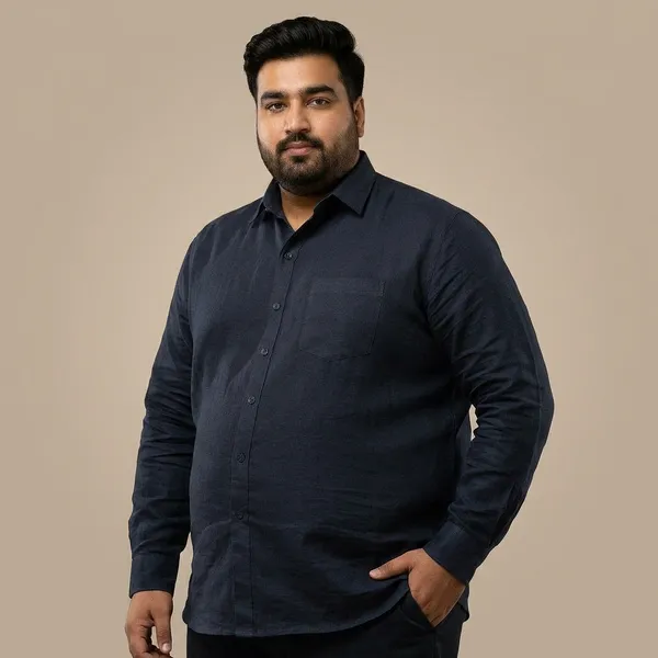 Midnight_Navy_Blue_Linen_Comfort_Fit_Full_Sleeve_Plus_Size_Shirt_For_Men