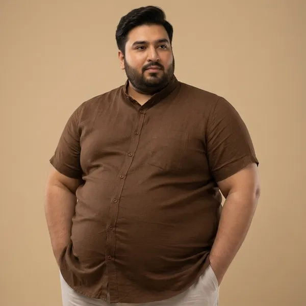 Cocoa_Brown_Linen_Mandarin_Collar_Half_Sleeve_Plus_Size_Shirt_For_Men