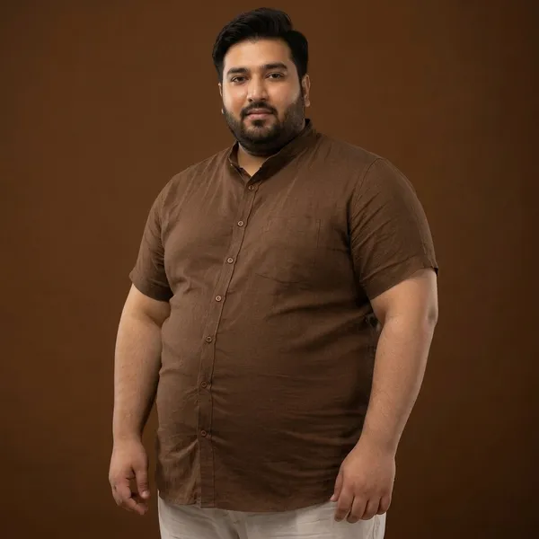 Cocoa_Brown_Linen_Mandarin_Collar_Half_Sleeve_Plus_Size_Shirt_For_Men