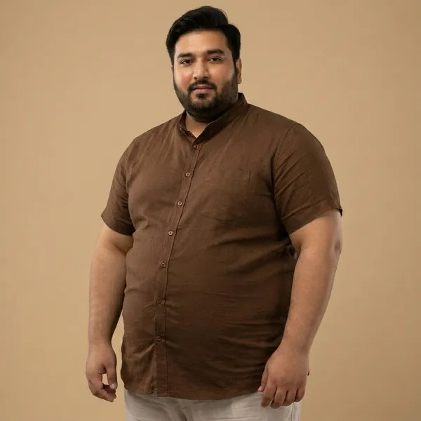 Cocoa_Brown_Linen_Mandarin_Collar_Half_Sleeve_Plus_Size_Shirt_For_Men