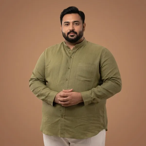 Olive_Green_Linen_Mandarin_Collar_Full_Sleeve_Plus_Size_Shirt_For_Men