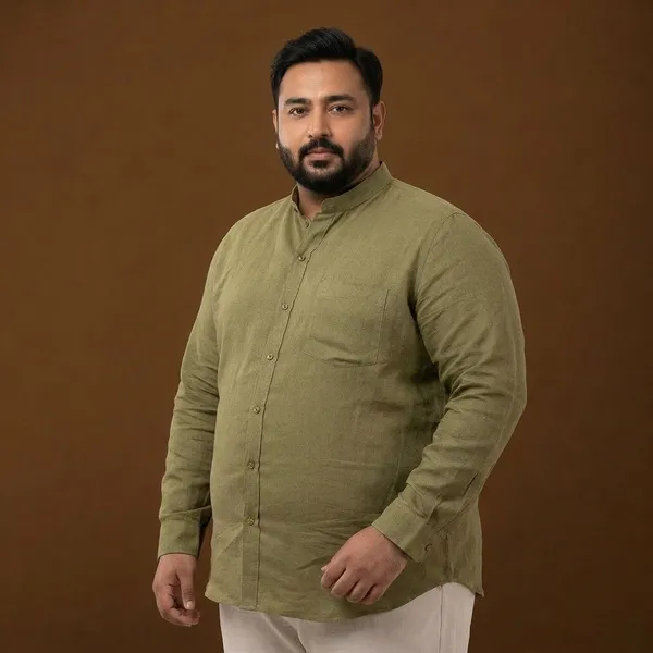 Olive_Green_Linen_Mandarin_Collar_Full_Sleeve_Plus_Size_Shirt_For_Men